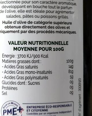 Huile D'olive  Vierge extra - Nutrition facts